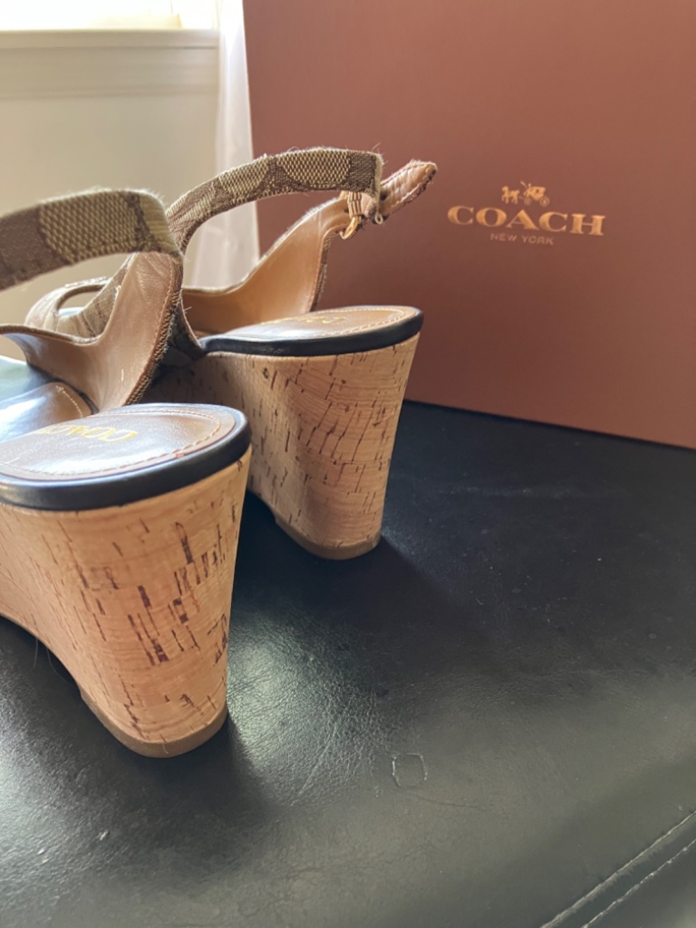 NEARLY NEW Coach Logo Cork Peep Toe Wedge - Picture 4 of 14